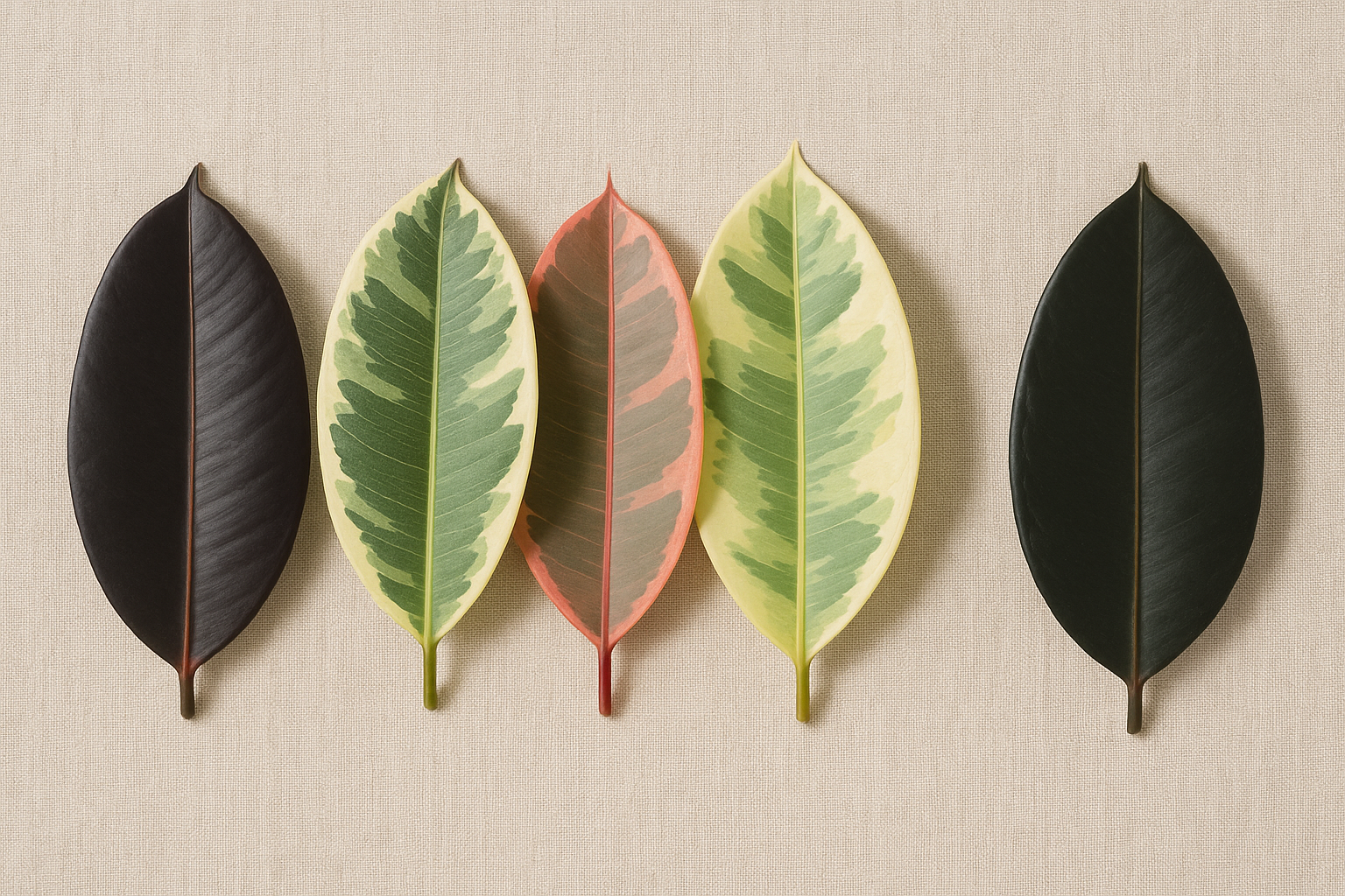 Five rubber plant varieties — Burgundy, Tineke, Ruby, Doescherii, and Black Prince — leaves arranged side by side showing color and pattern differences