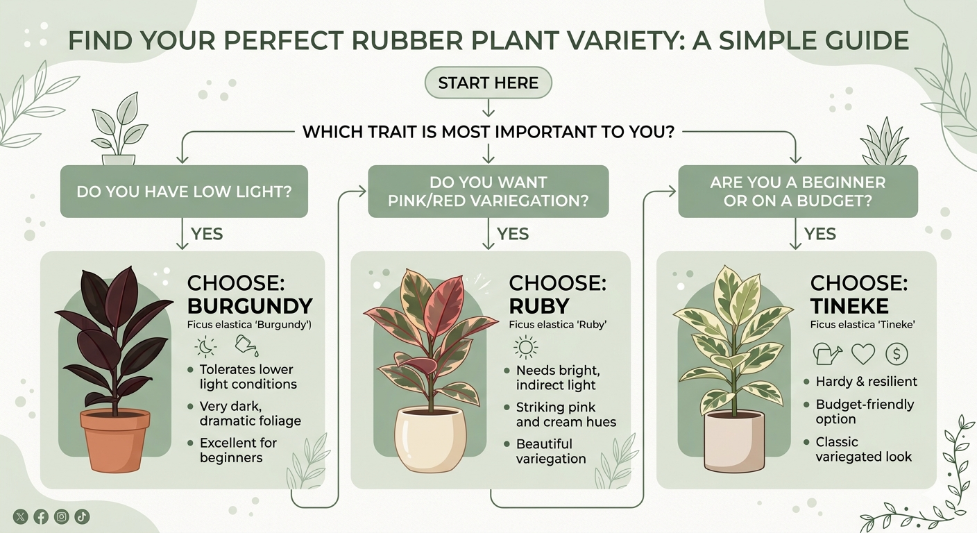 Decision flowchart for choosing between Burgundy, Tineke, and Ruby rubber plant