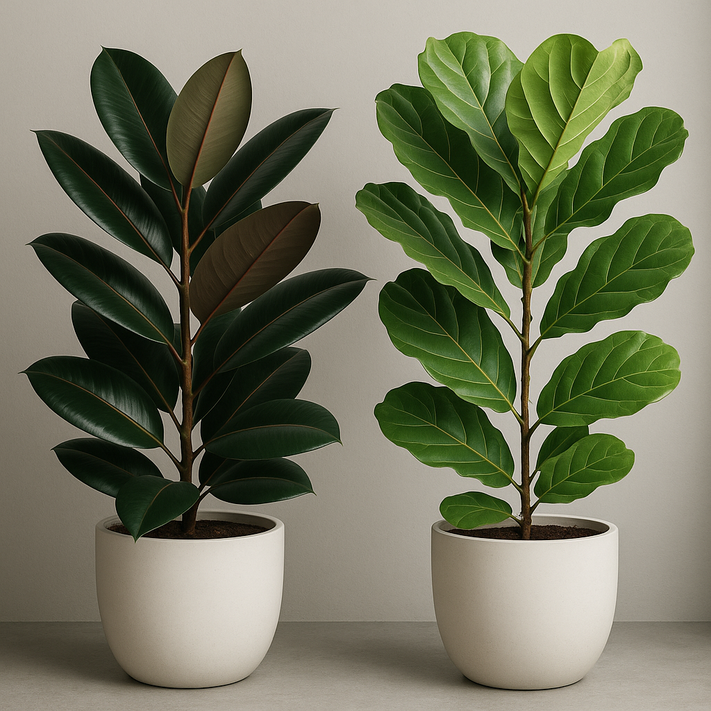 Side-by-side comparison of a healthy rubber plant next to a fiddle leaf fig in similar interior settings
