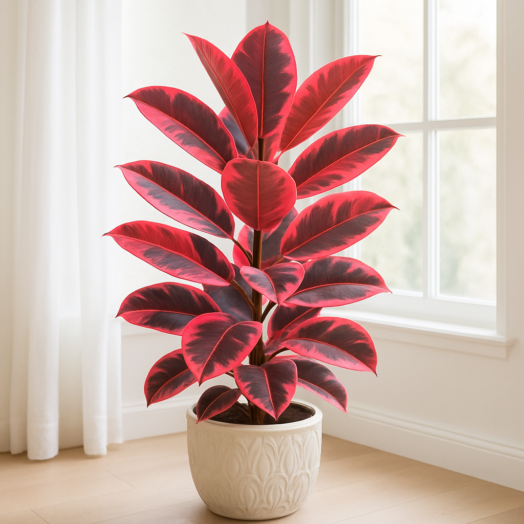Ruby rubber plant in bright light showing vivid pink and red variegation on mature leaves