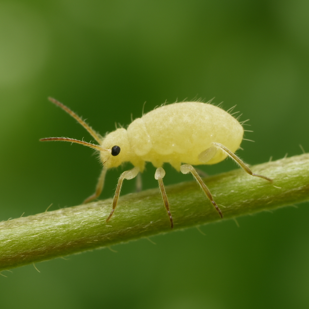 Tiny scale crawler stage under 10x magnification showing miniature insect with visible legs crawling on a houseplant stem
