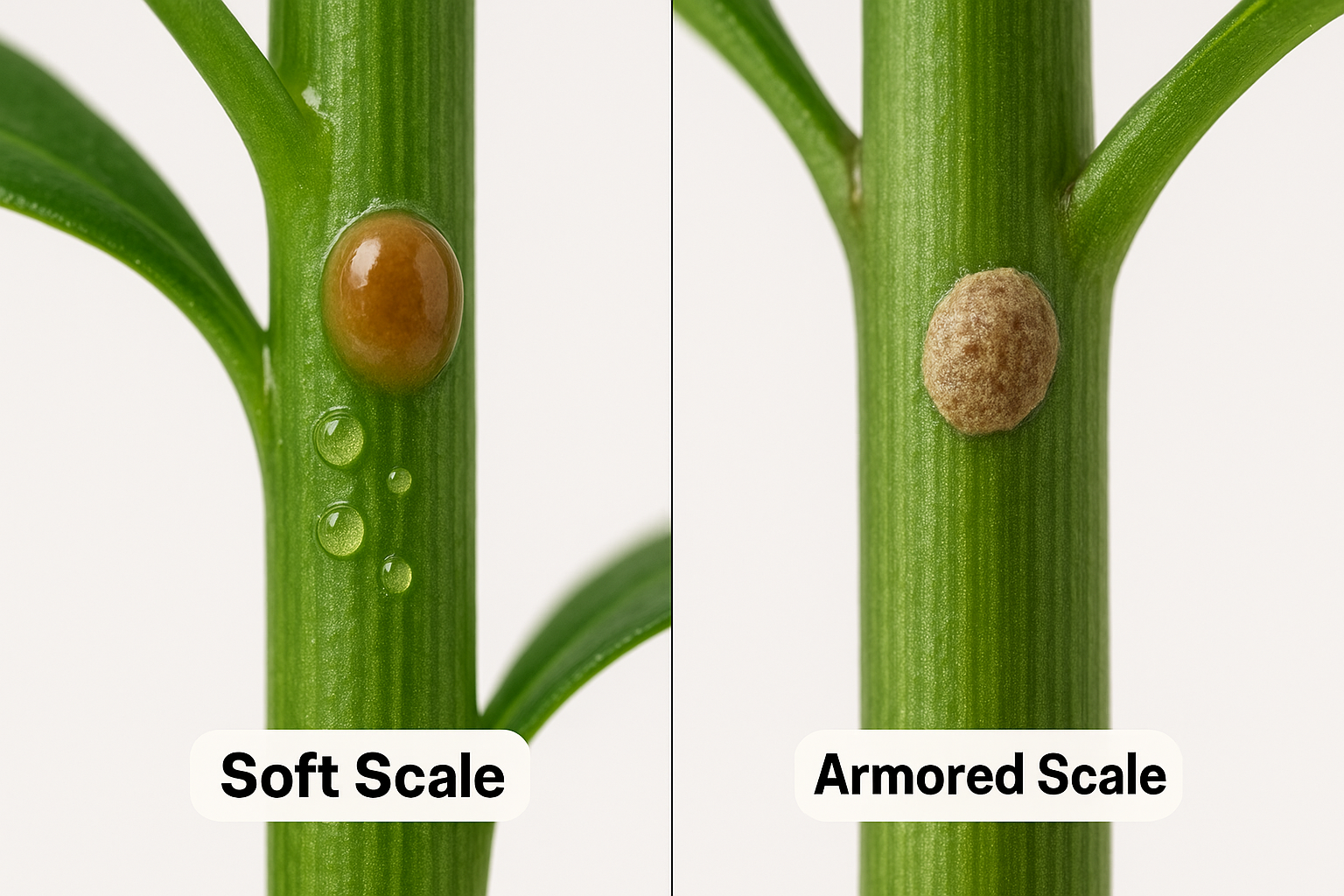 Close-up comparison of soft scale vs armored scale on houseplant stems, showing the glossy dome of soft scale with honeydew and the flat crusty plate of armored scale