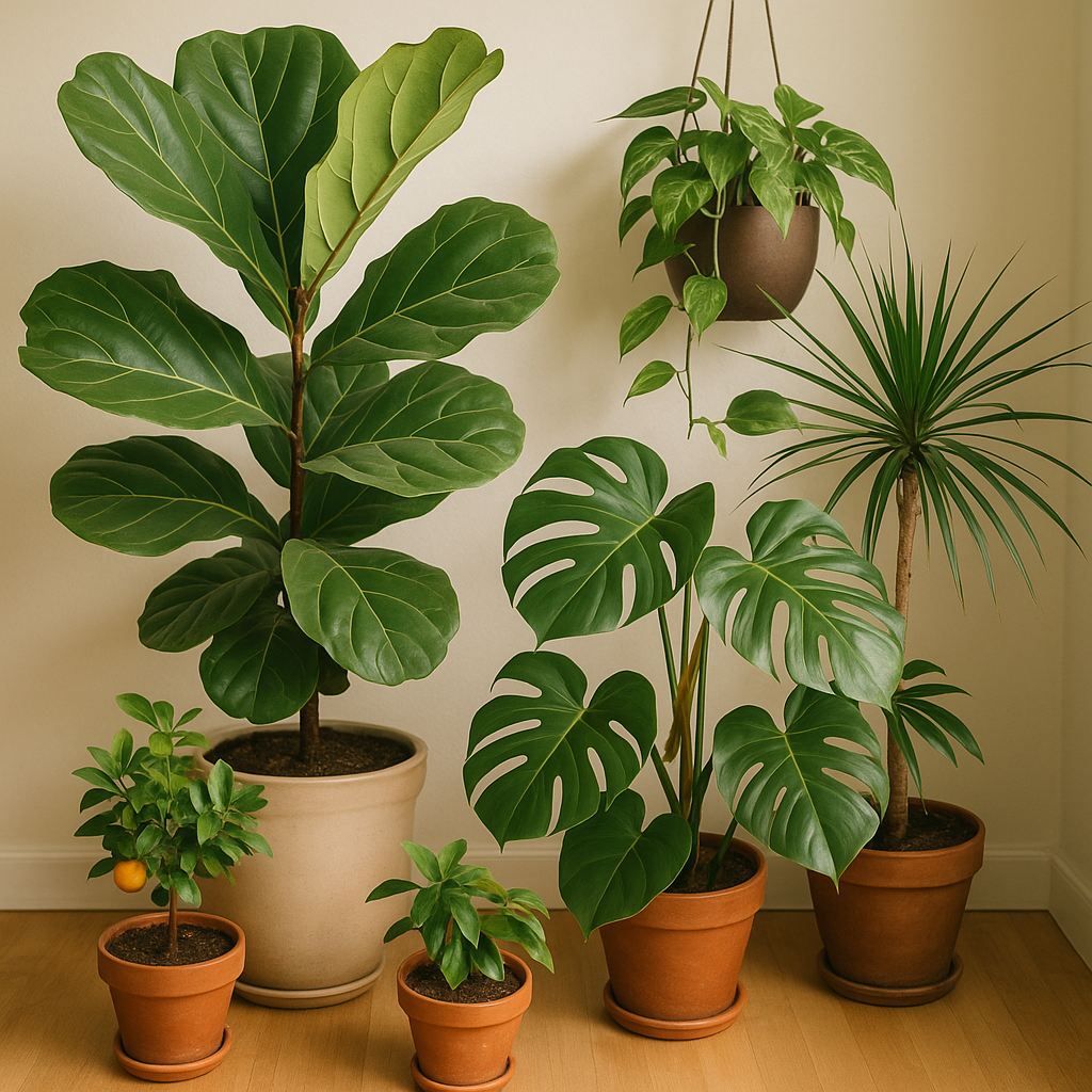 Collection of high-risk houseplants prone to scale: fiddle leaf fig, monstera, citrus tree, pothos, and dracaena
