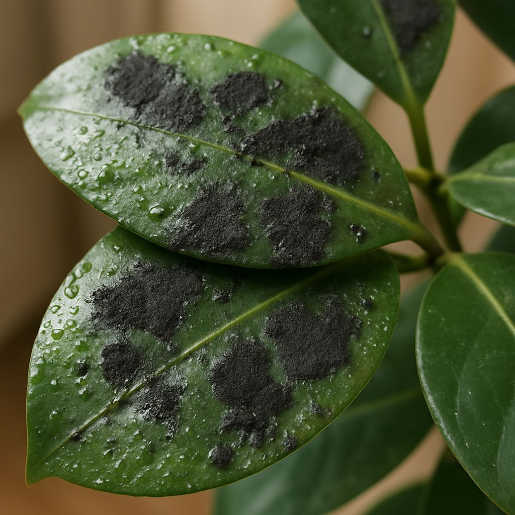 Houseplant leaves covered in sticky honeydew and dark sooty mold fungus, a sign of soft scale infestation