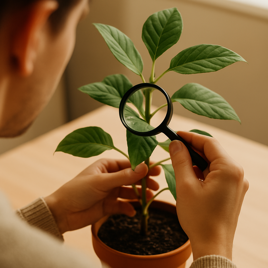 Person inspecting a new houseplant with a magnifying glass, checking for pests and scale insects before adding to the collection
