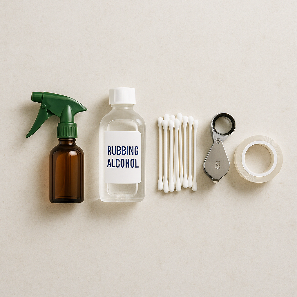 Flat lay of scale treatment supplies: neem oil spray bottle, rubbing alcohol, cotton swabs, 10x loupe, and double-sided clear tape on a light surface
