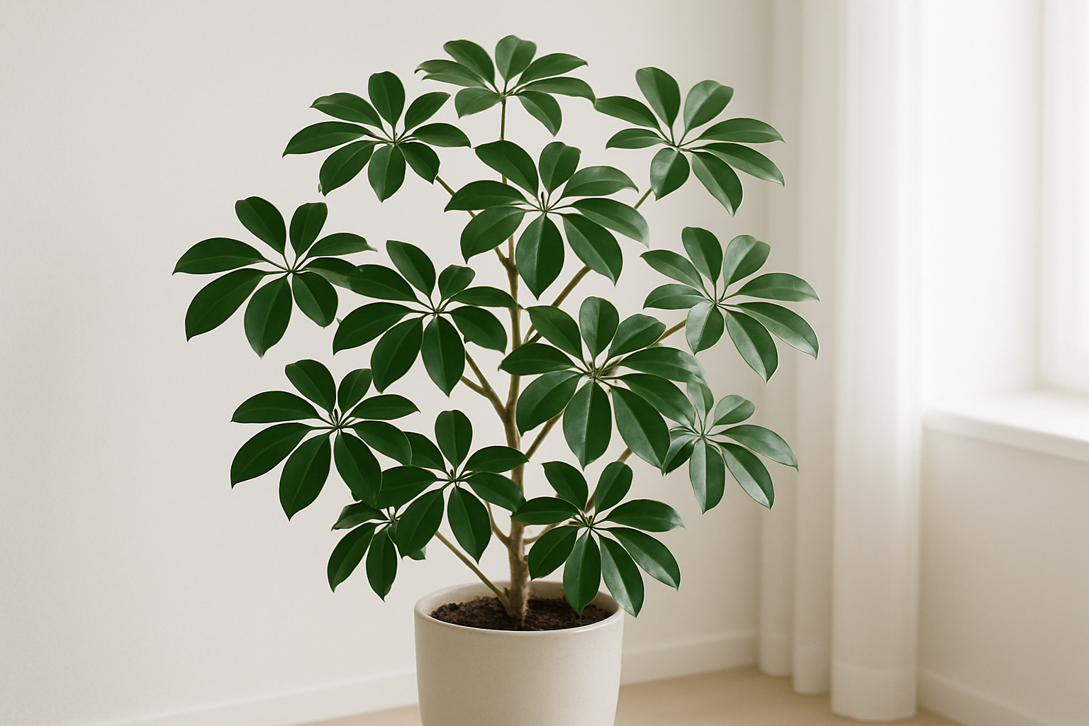 Healthy Schefflera arboricola with glossy umbrella-shaped leaf clusters in a bright living room