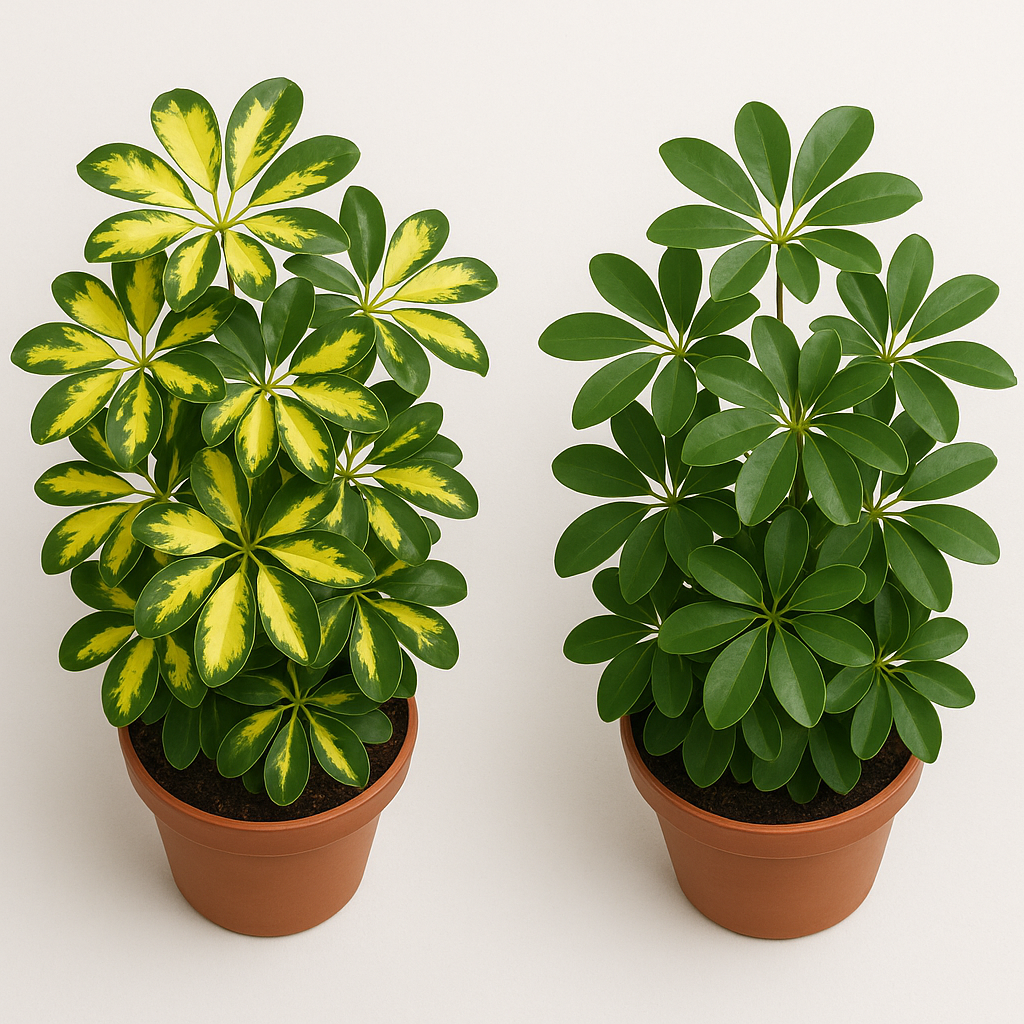 Schefflera Gold Capella variegated yellow-green leaves next to solid green Schefflera arboricola
