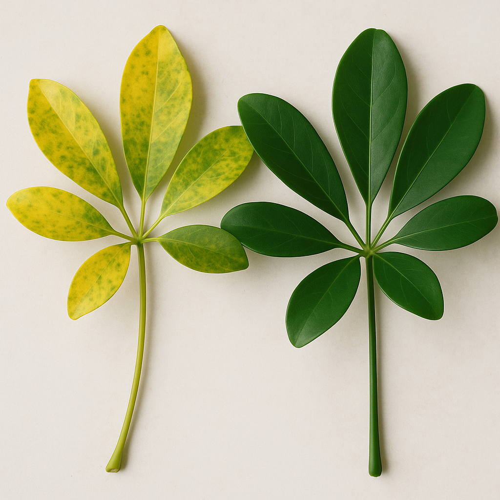 Schefflera leaf turning yellow from overwatering, with adjacent green healthy leaves for comparison