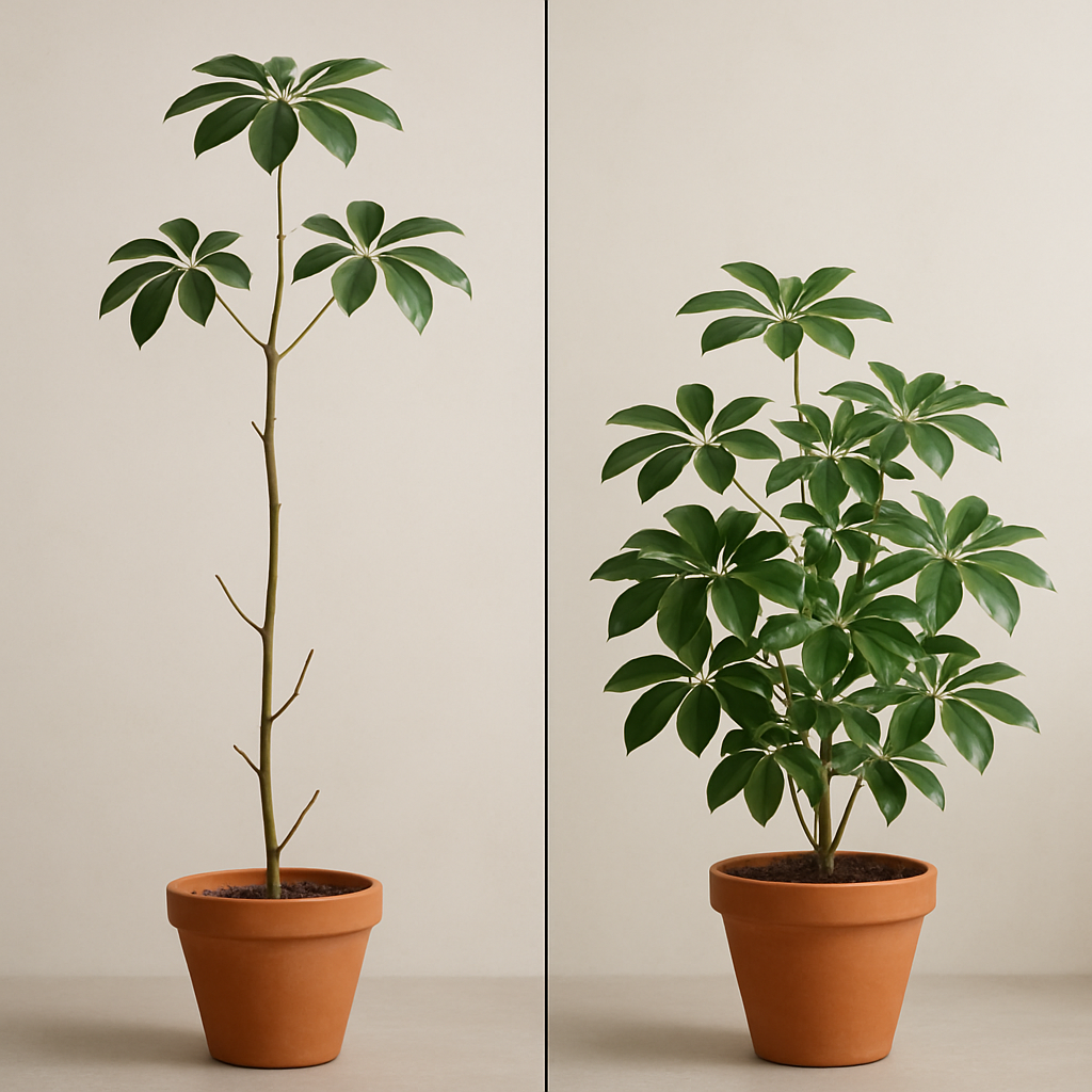 Leggy schefflera before pruning and same plant fuller and bushier after pruning