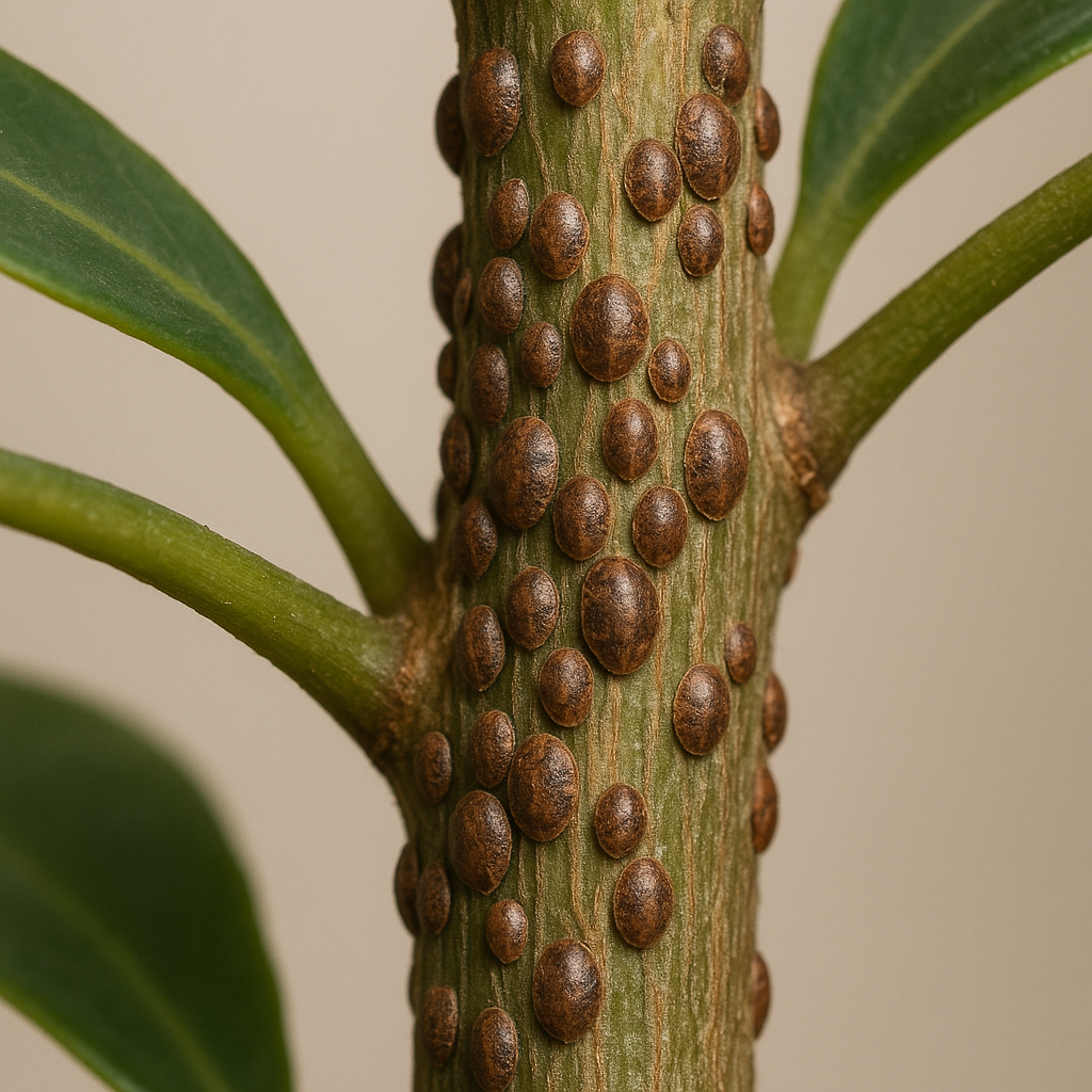 Scale insects on schefflera stems appearing as small brown dots clustered along the plant's woody stems