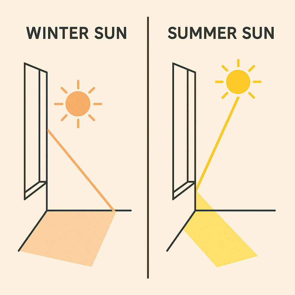 Winter vs summer sun angle comparison through same window