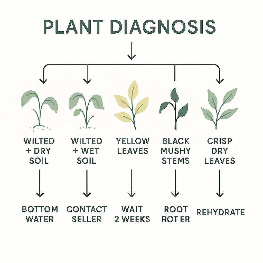 Flowchart decision tree showing how to diagnose a mail-order plant: droopy and dry soil means bottom water, droopy and wet soil means contact seller, yellow leaves means wait, black mushy stems means root rot