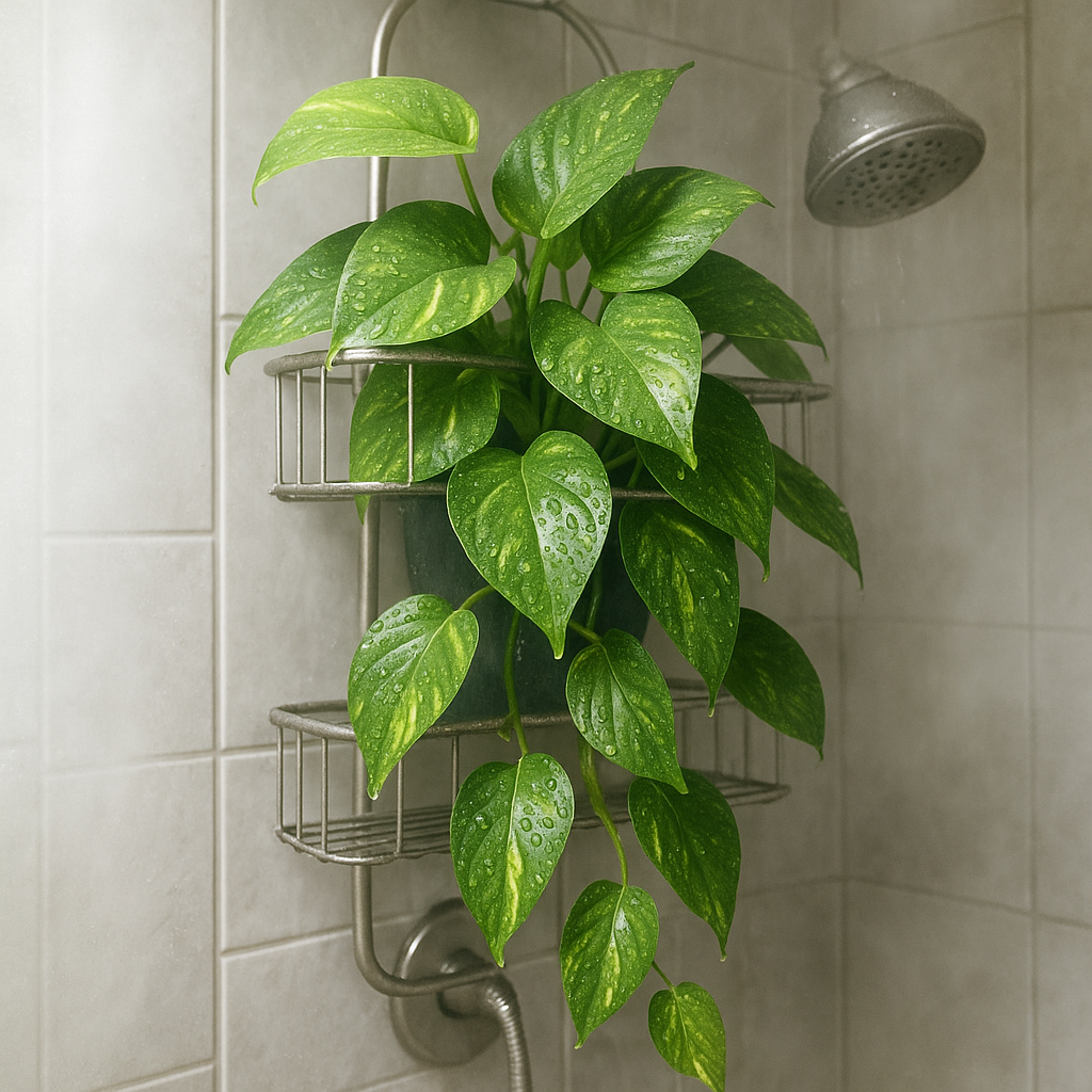 Pothos vines cascading from shower caddy with water droplets on leaves, showing plants actually thriving in steamy shower conditions