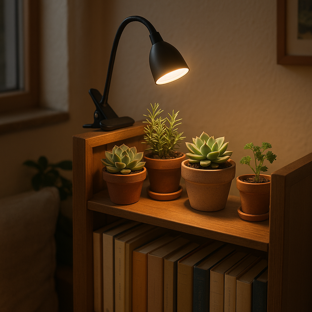 Clip-on grow light on a small apartment bookshelf with succulents and herbs in limited space