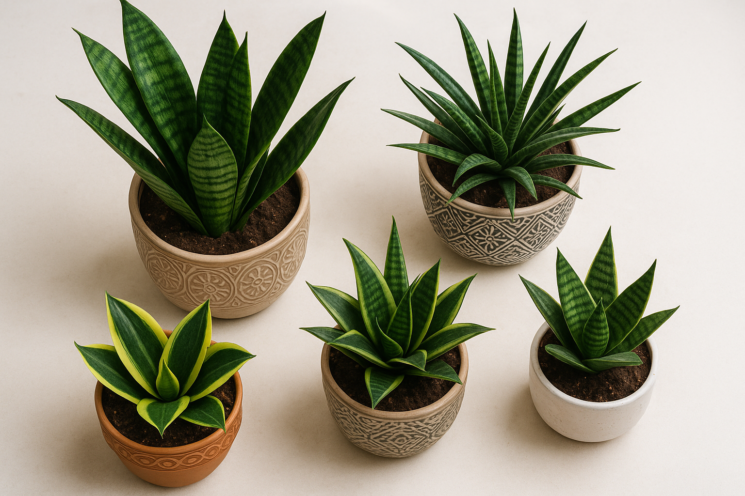 Beautiful snake plant varieties collection - Laurentii, Bird's Nest, Cylindrica, and Black Gold displayed together in natural light