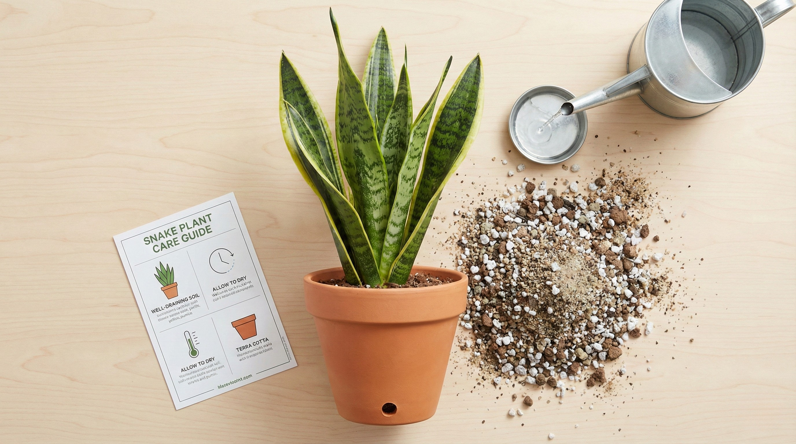 Snake plant watering guide showing soil dryness levels