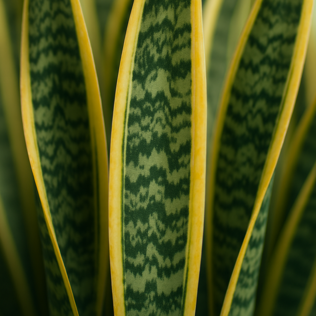 Close-up of snake plant leaves showing architectural pattern and variegation