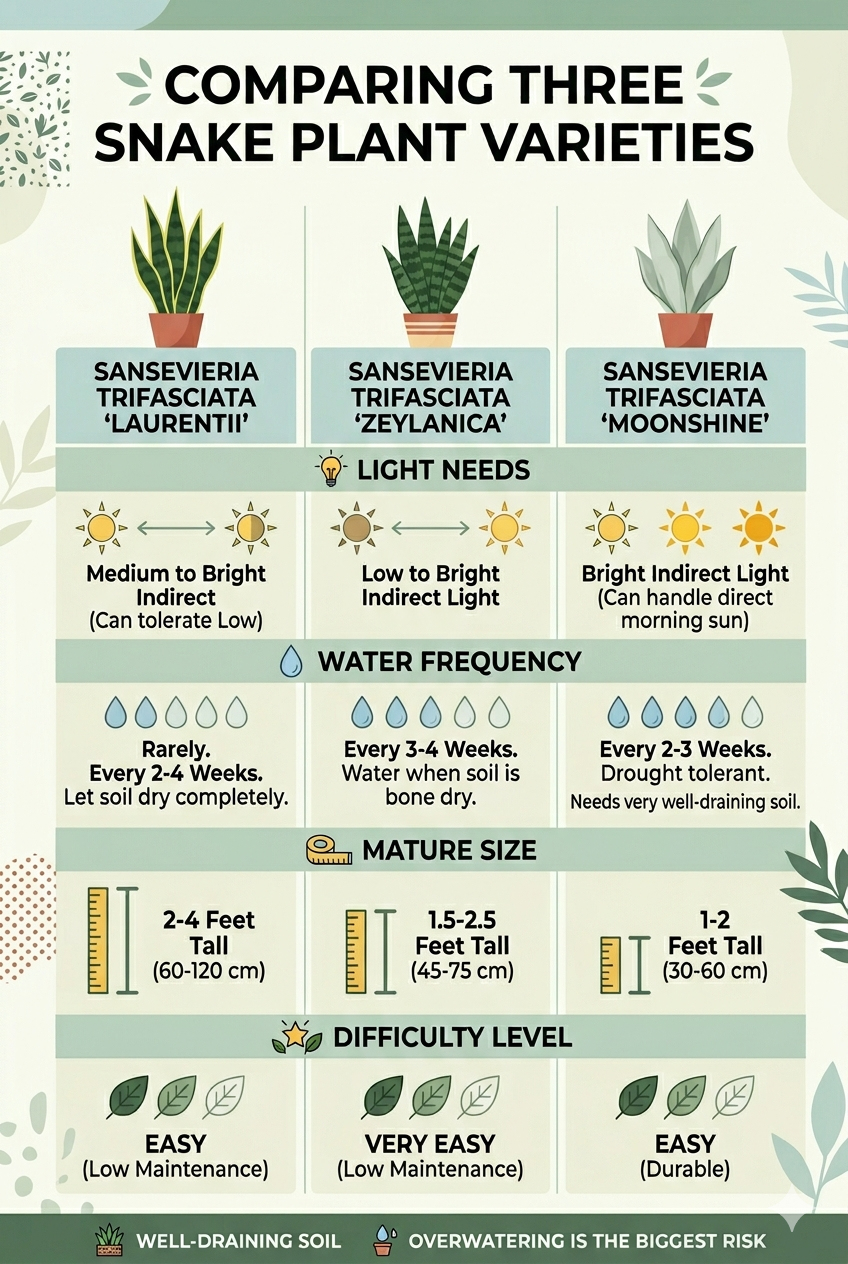 Visual comparison chart showing light, water, and size needs for Moonshine, Whale Fin, and Cylindrica