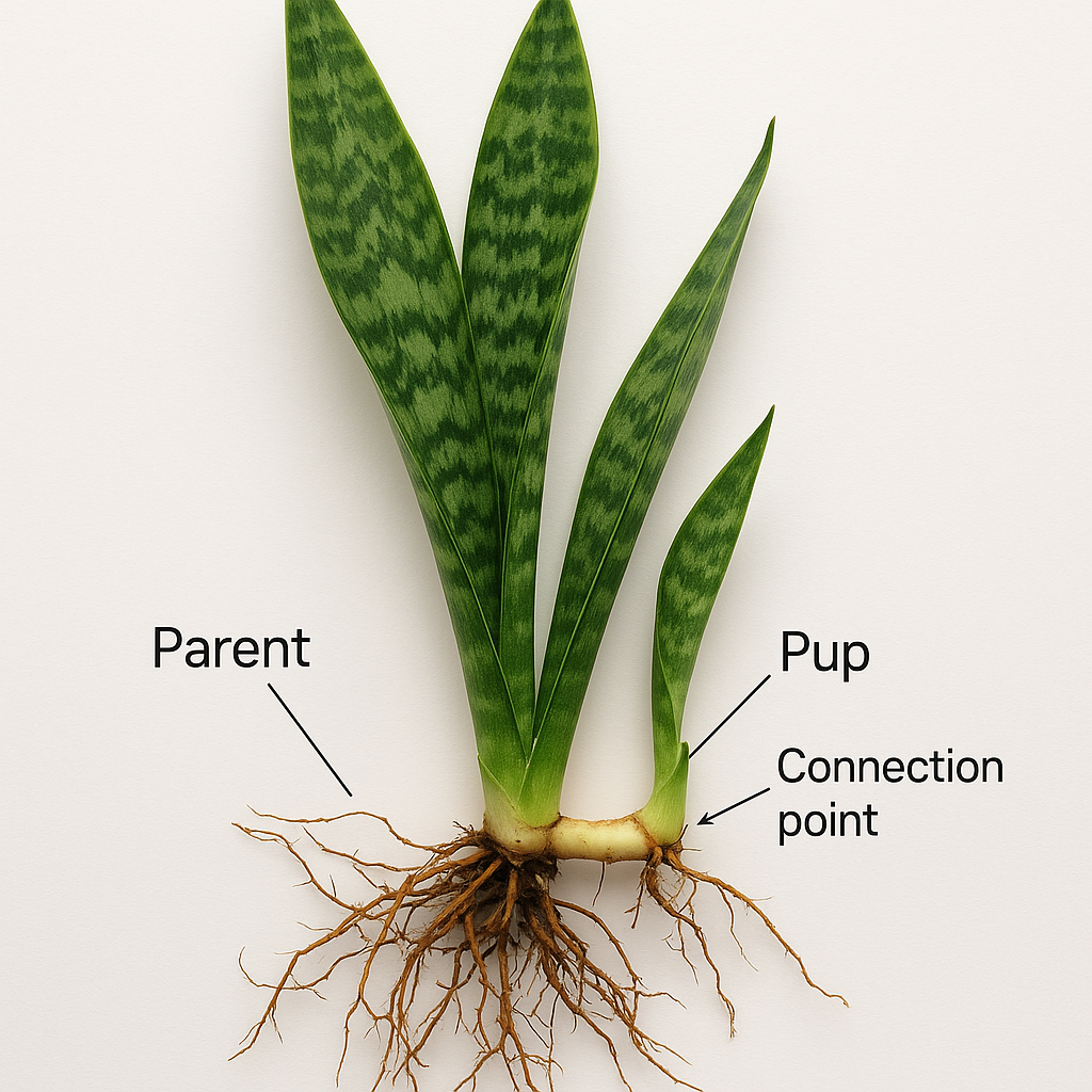 Exposed snake plant rhizome showing connection between mother plant and pup