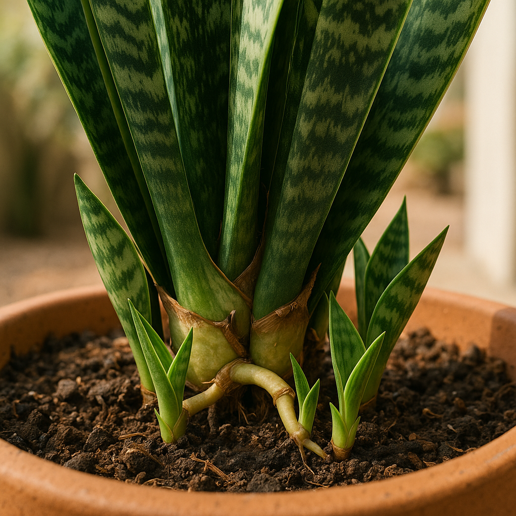 Mature snake plant with visible pups emerging from soil