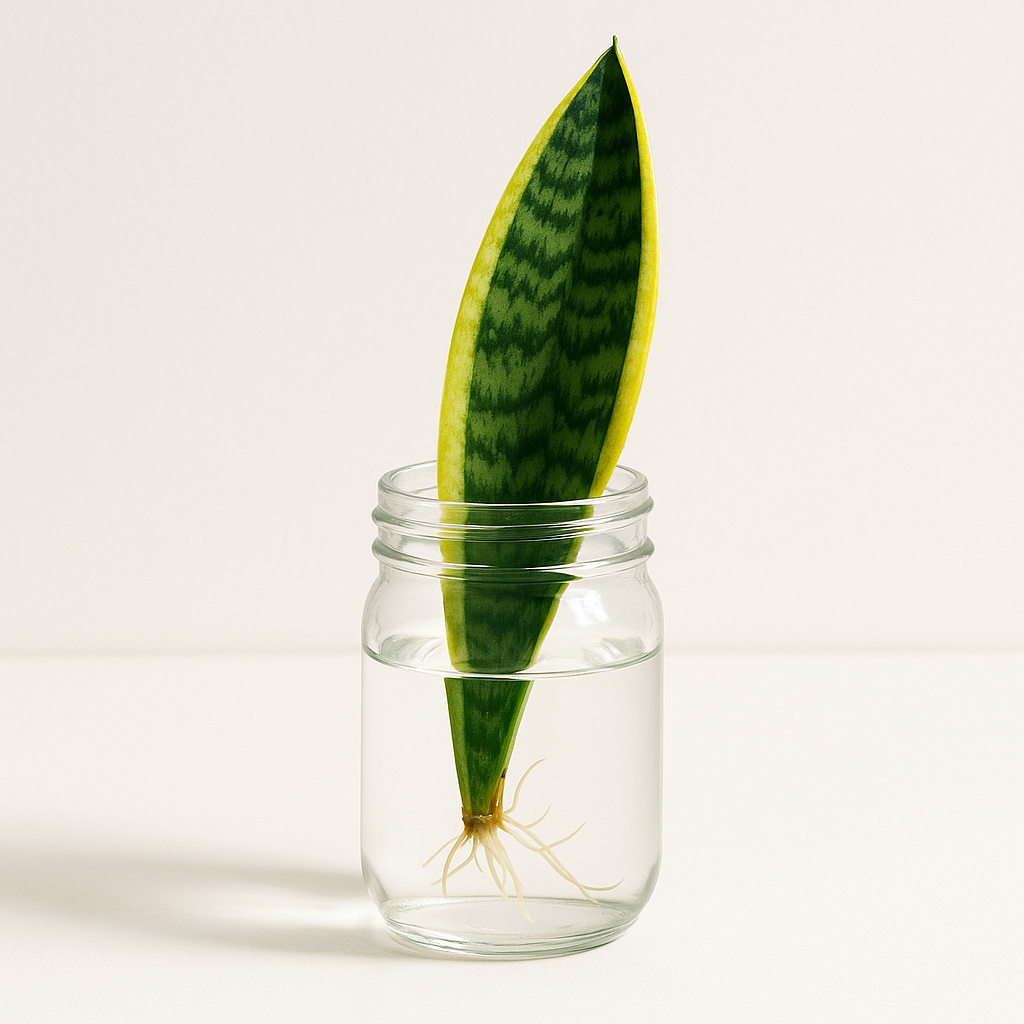 Snake plant leaf cutting in clear glass jar with water, showing early root development
