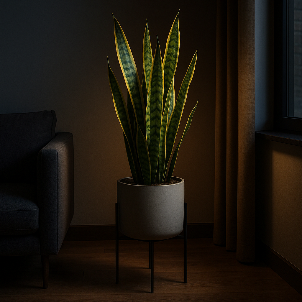 Tall snake plant thriving in dark corner with minimal natural light next to bookshelf