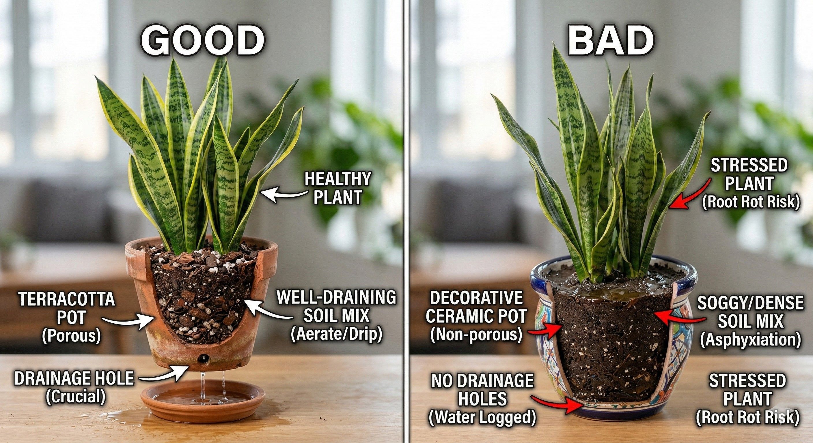 Comparison of good and bad potting setups for snake plants - terra cotta with drainage vs decorative pot without holes