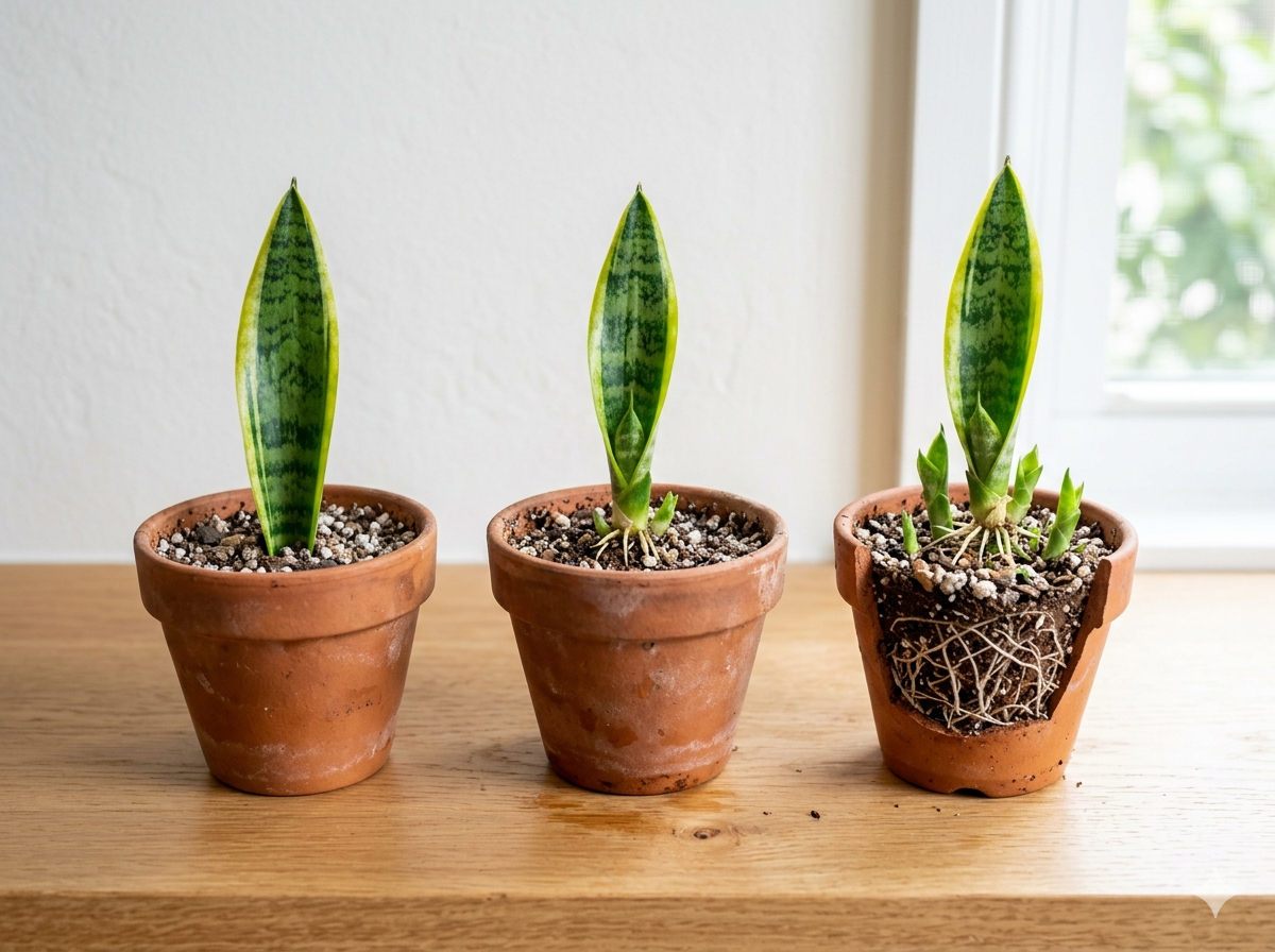 Three healthy snake plant propagated cuttings in terracotta pots with visible root development