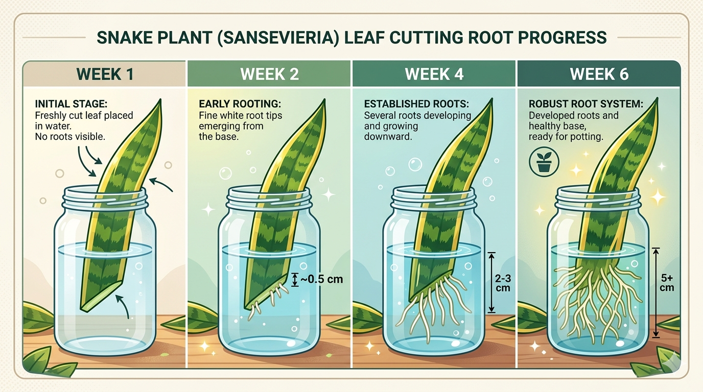 Week-by-week progression showing snake plant leaf cutting root development over 6 weeks