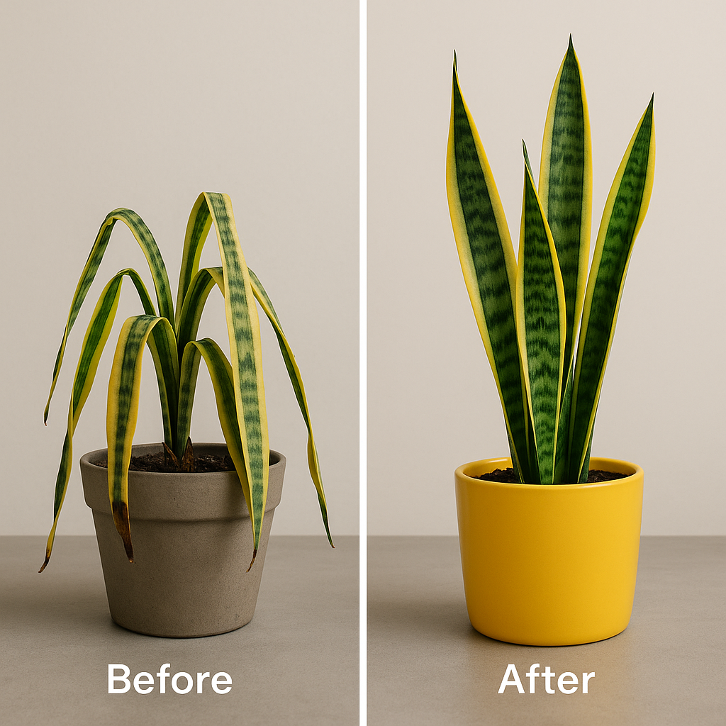 Before and after snake plant recovery - dying yellowing plant vs healthy green recovered plant