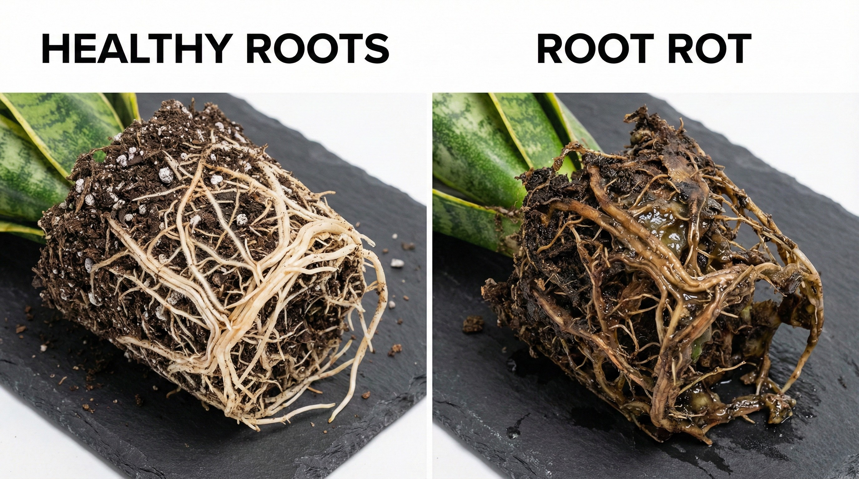 Side-by-side photo of healthy white snake plant roots and rotting brown roots