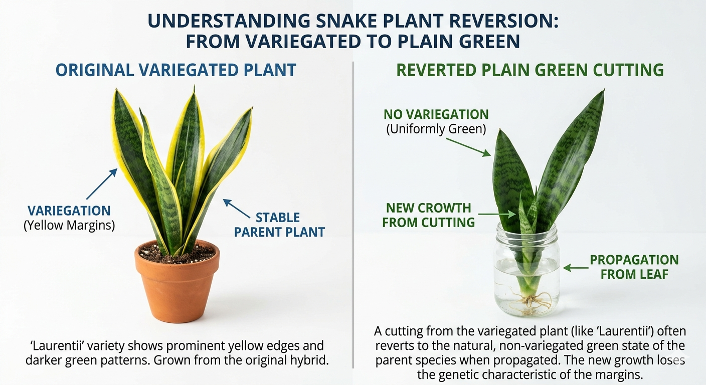Side by side comparison of variegated snake plant mother and plain green propagated cutting