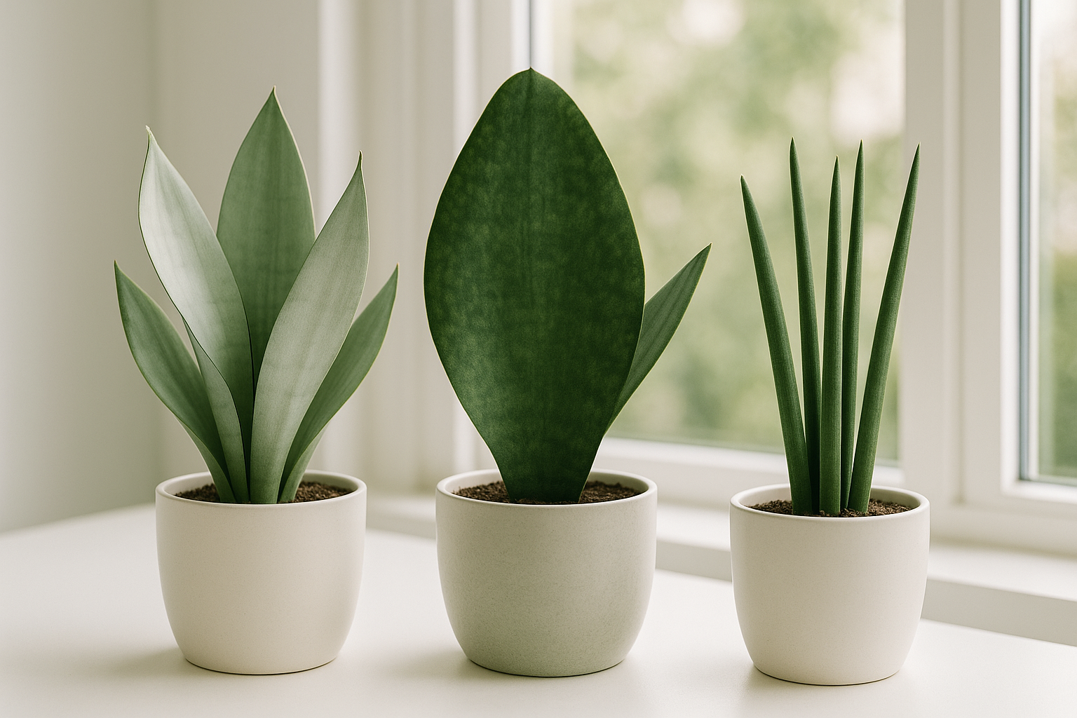 Three snake plant varieties compared: Moonshine, Whale Fin, and Cylindrica in decorative pots side by side