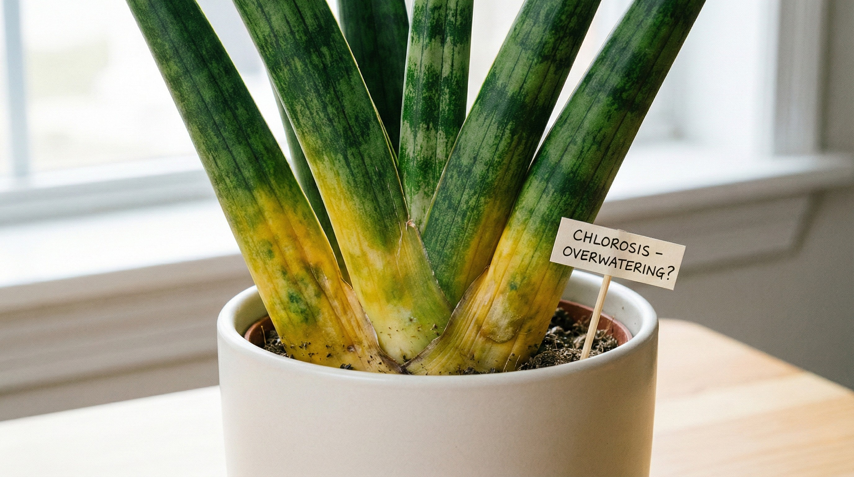 Snake plant with yellowing lower leaves next to healthy green growth