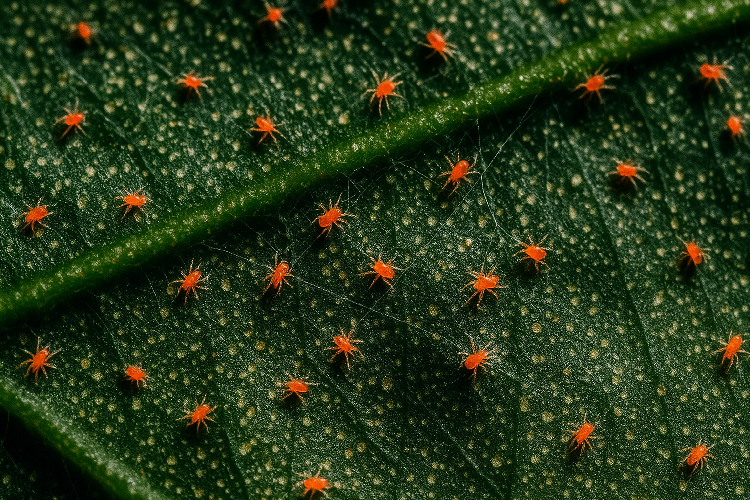 Close-up macro shot of a leaf heavily infested with spider mites showing tiny red-orange dots and fine webbing