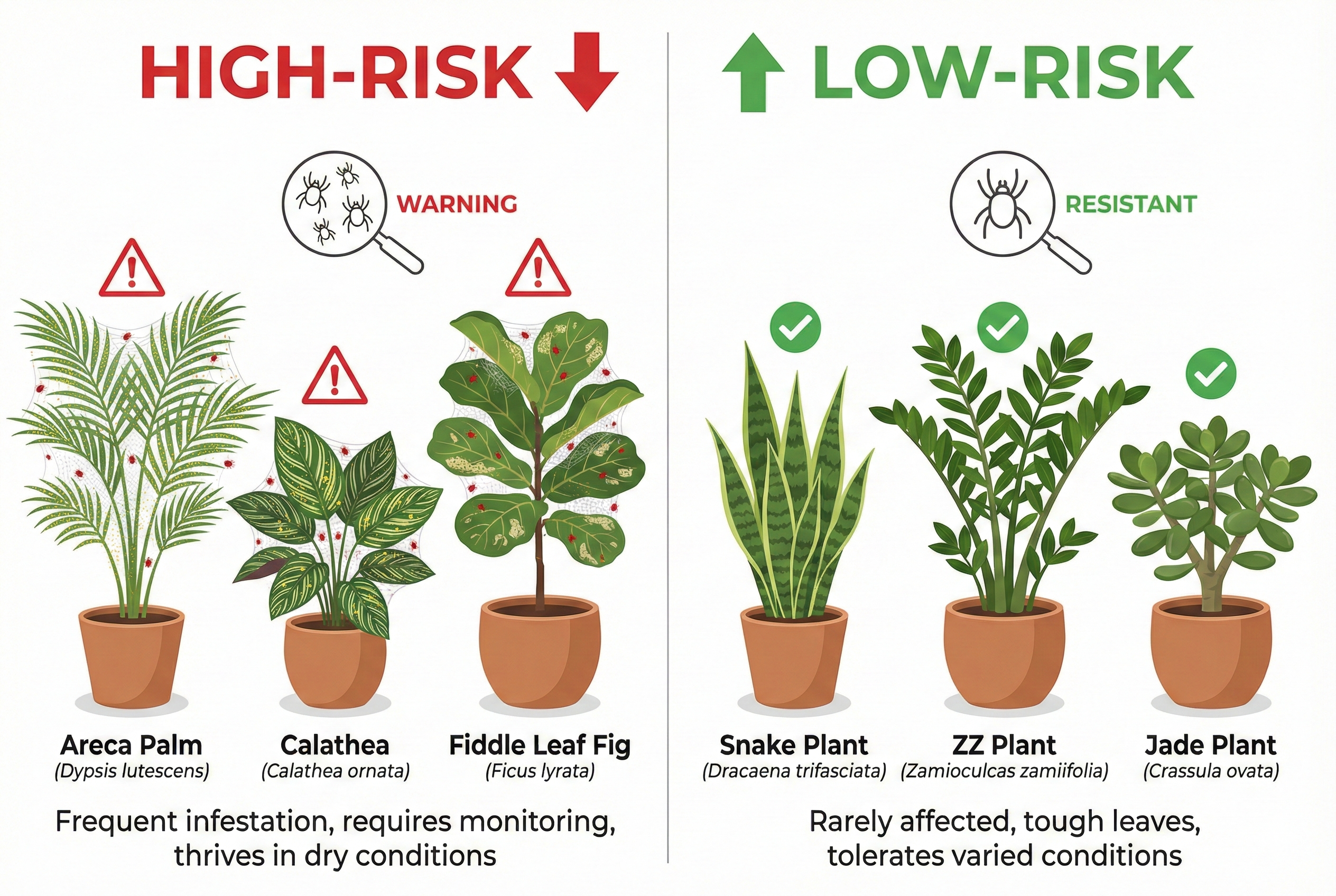 Comparison of spider mite prone vs resistant houseplants: palms and calatheas at risk, snake plants and ZZ plants resistant