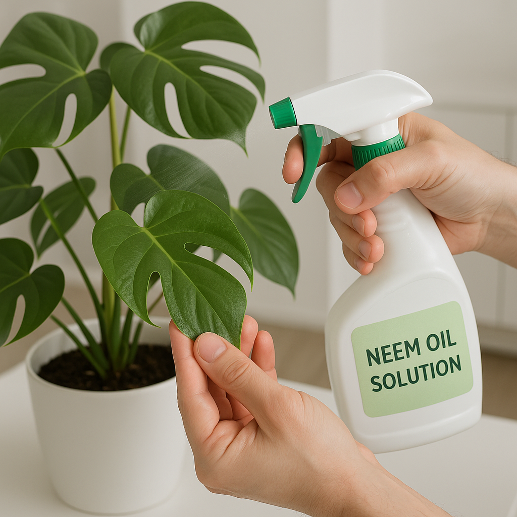 Person applying neem oil treatment to undersides of plant leaves for spider mite control