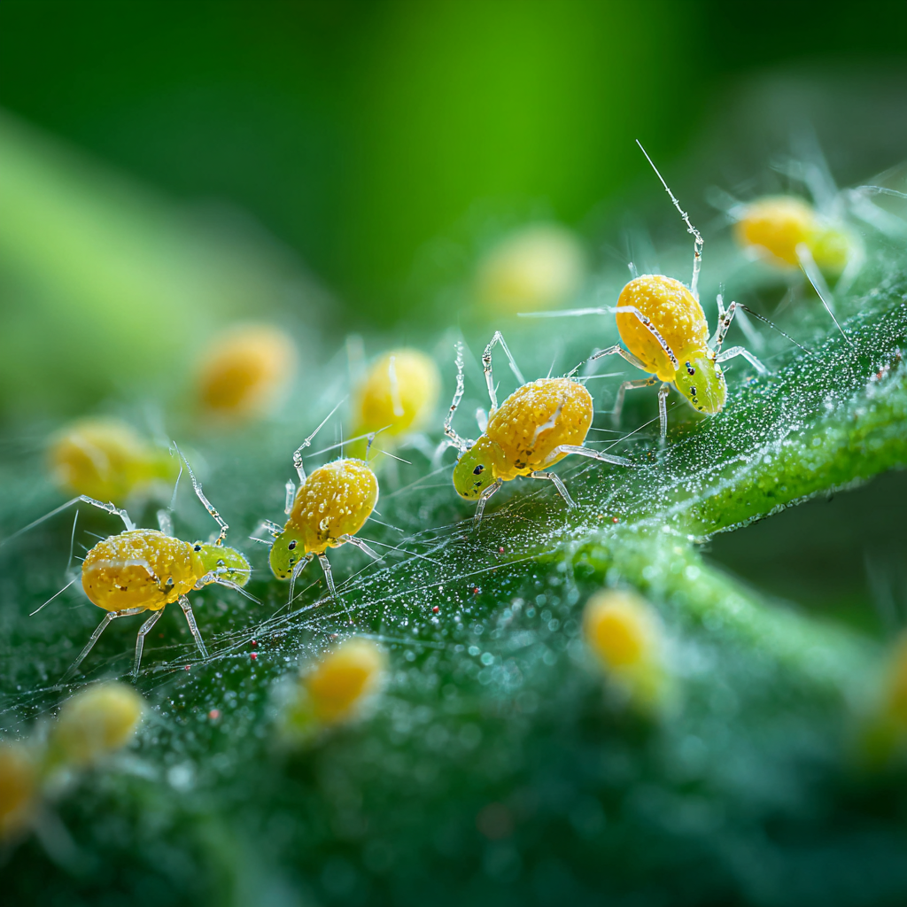 Macro close-up of spider mites and their webbing on a leaf underside