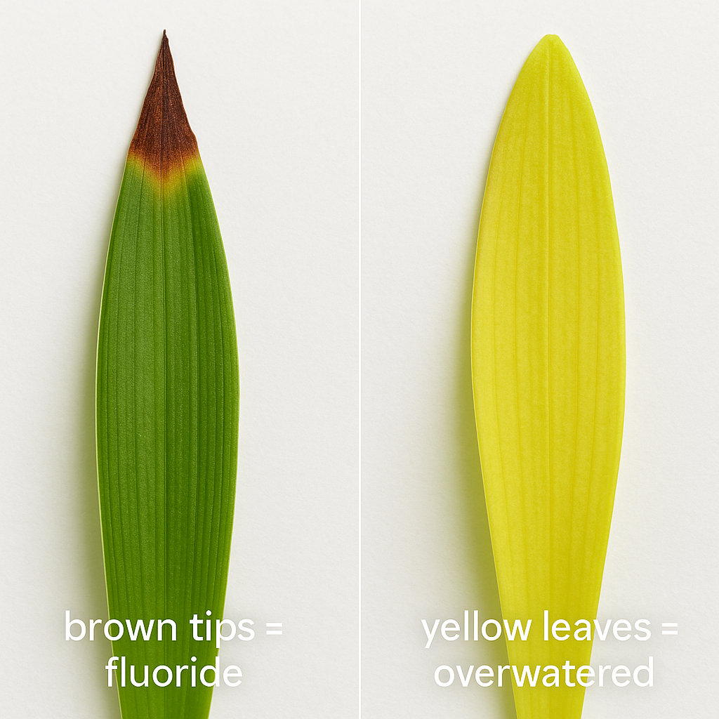 Close-up of spider plant leaves showing brown tip necrosis from fluoride sensitivity vs whole leaf yellowing from overwatering
