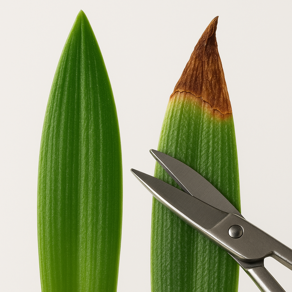 Close-up comparison of spider plant leaf showing brown tip damage versus healthy green leaf tip