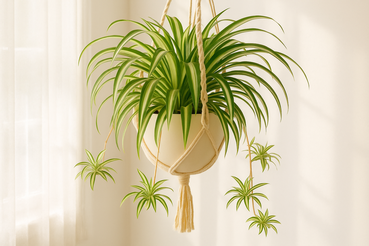 Mature spider plant with spiderettes cascading from a macrame hanging planter in bright indirect light