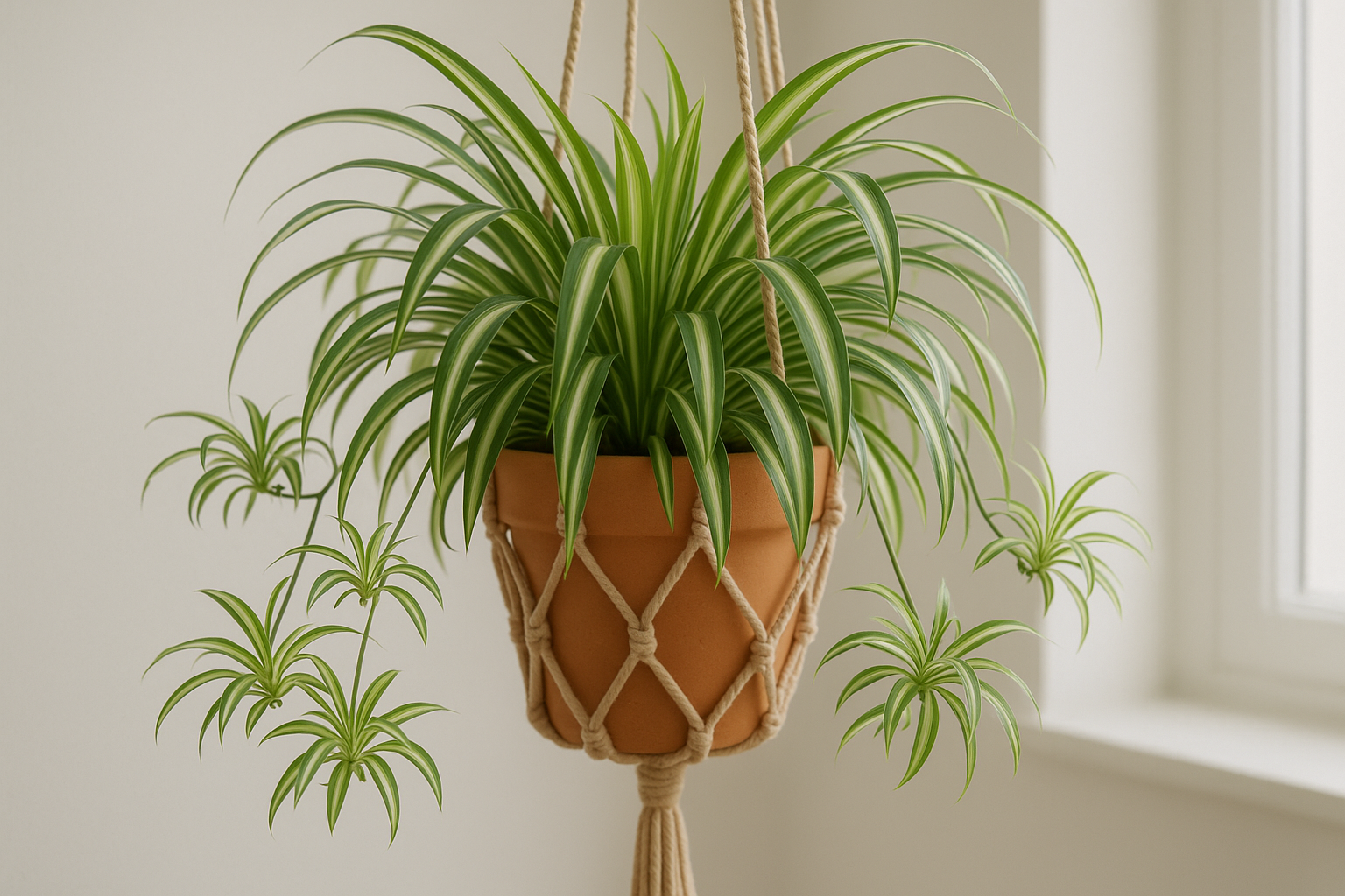 Mature spider plant in a hanging macramé planter with spiderettes trailing over the sides in a sunny room