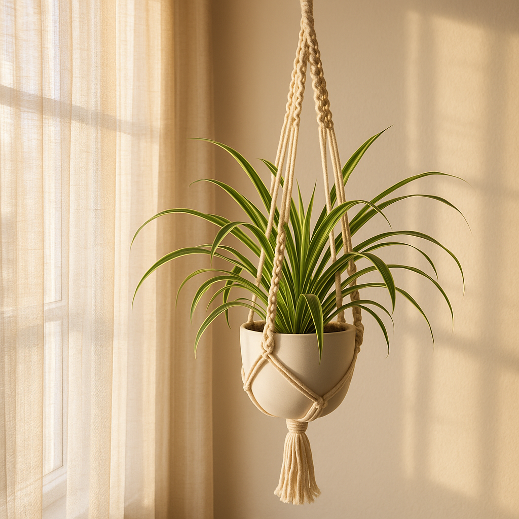 Spider plant in a ceramic pot hanging from a natural cotton macramé hanger beside a bright window with sheer curtains