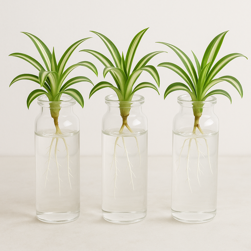 Spider plant babies (spiderettes) with visible roots suspended in water, showing propagation method