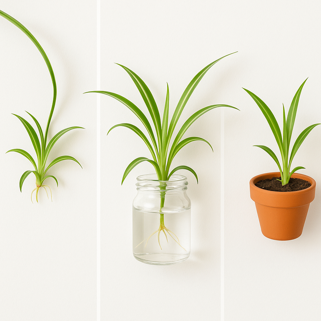 Three-step spider plant propagation sequence showing spiderette with root nubs, water rooting, and transplanted baby