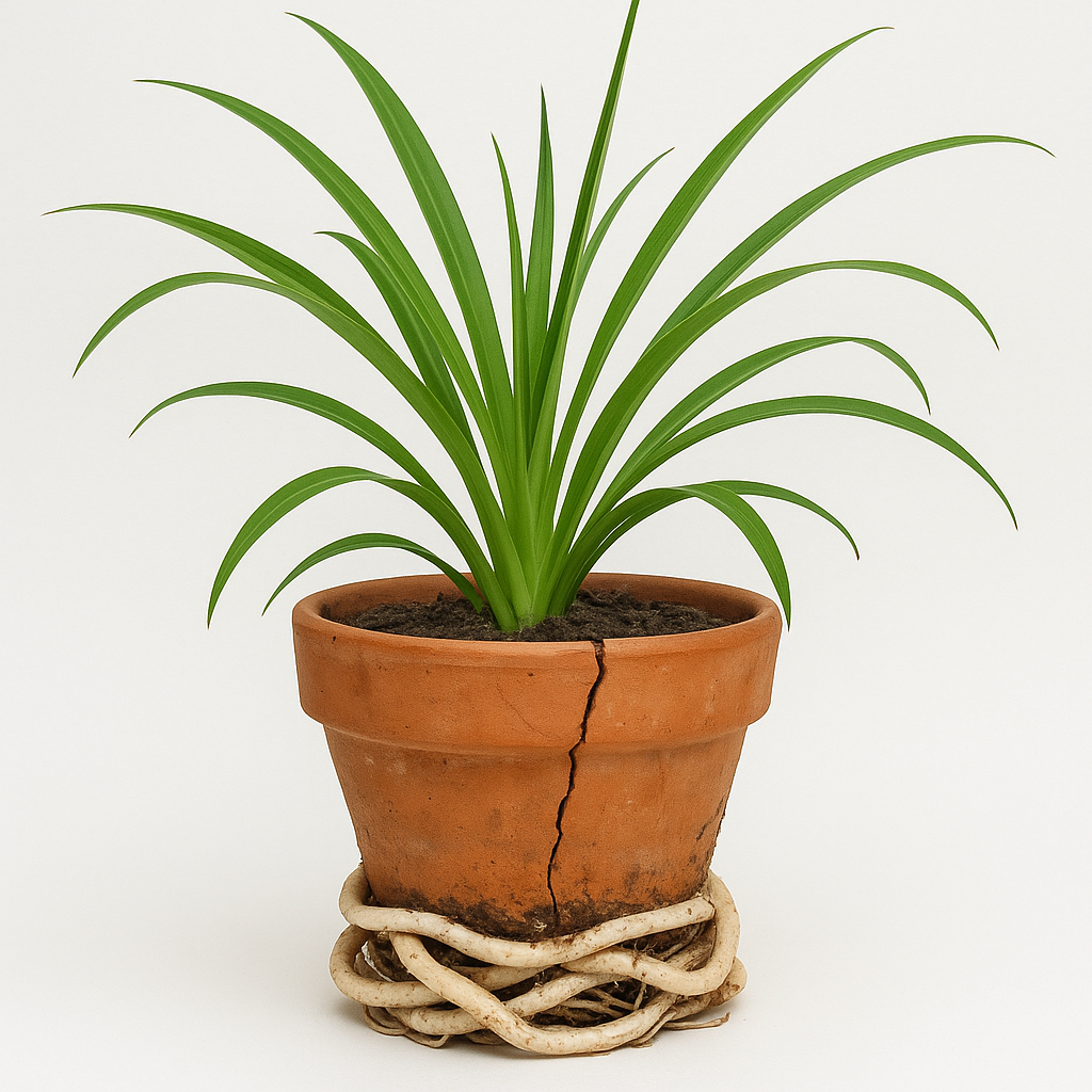Spider plant with cracked terracotta pot and roots growing above the soil surface showing it's severely root-bound