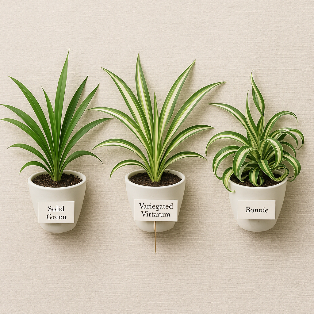 Four spider plant varieties side by side: solid green, variegated vittatum, reverse variegated, and Bonnie curly