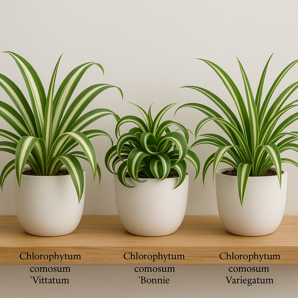 Three spider plant varieties side by side: Vittatum with white center stripe, Bonnie with curly leaves, and Variegatum with white edge margins