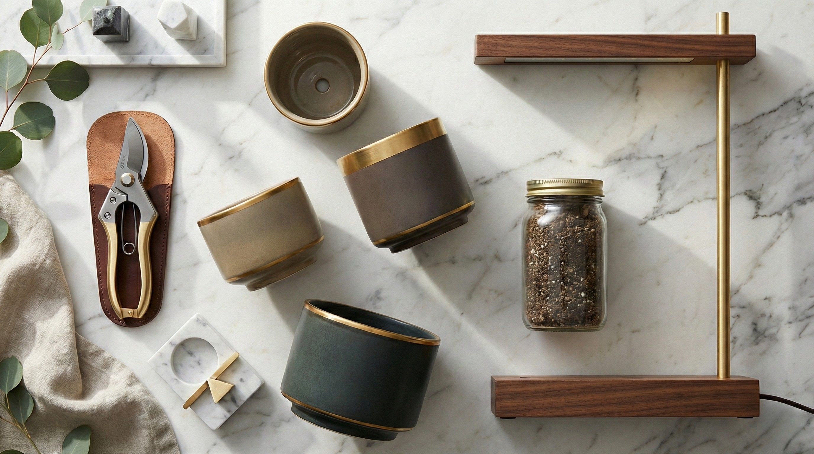 Premium plant gear: self-watering ceramic pot, smart grow light, propagation station, and commercial humidifier